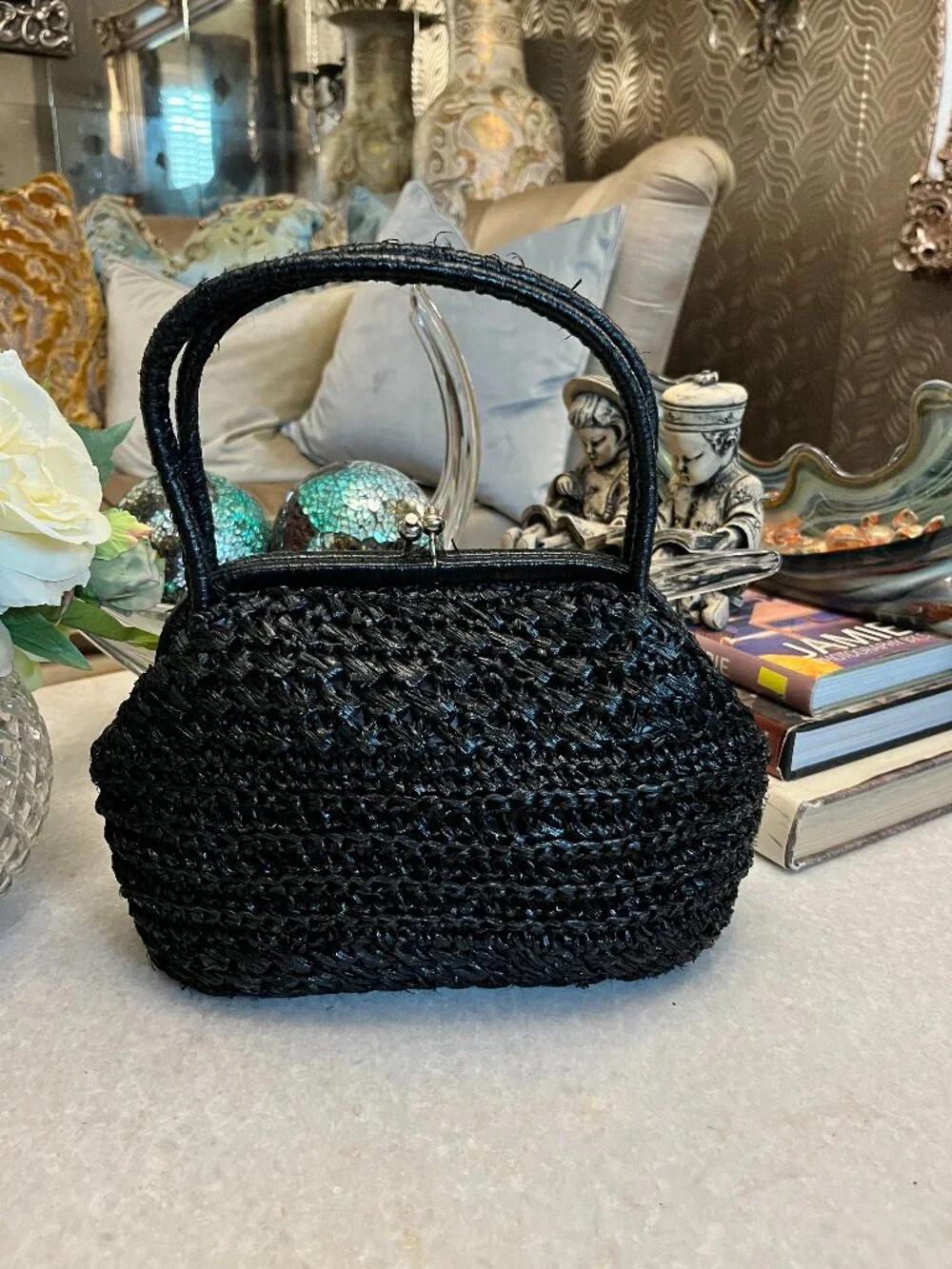 Vintage 1950s Black Raffia Straw Handbag - Picture 1 of 5